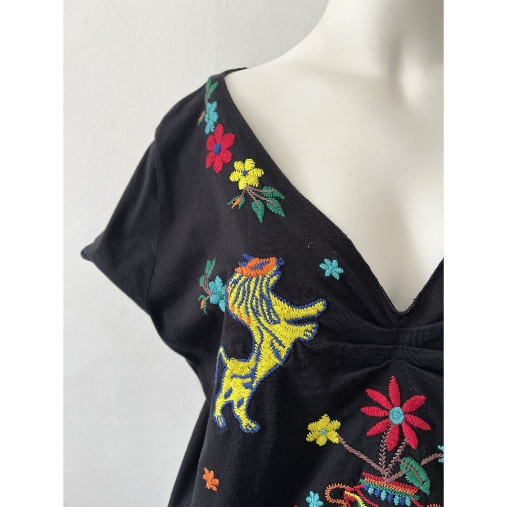 Johnny Was Black V-Neck Short Sleeve Tee with Multicolor Embroidery - Picture 3 of 7